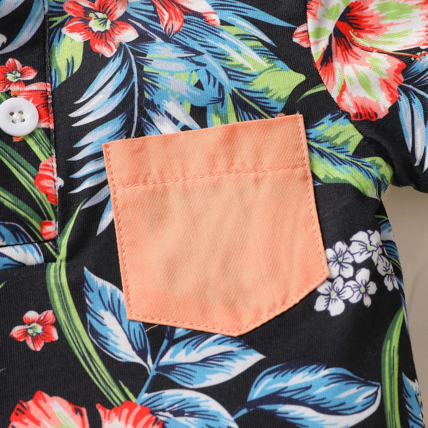 Baby Boys 2Pcs Short Sleeve Top with Floral Pocket and  Pants Set