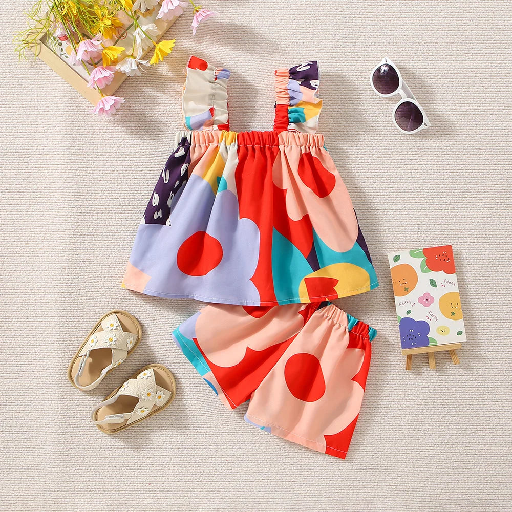 Graffiti Print Top with Ruffle Sleeves & Shorts