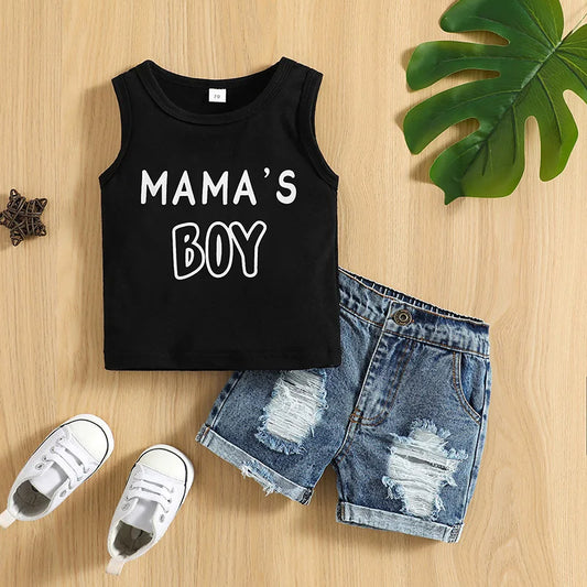 Baby Boy Sleeveless Tank & Ripped Denim Shorts Set