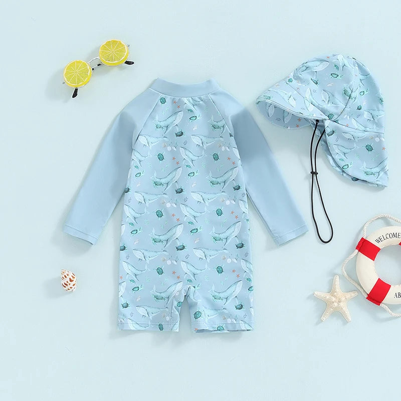 Dinosaur Print Long Sleeve Swimwear + Sun Hat
