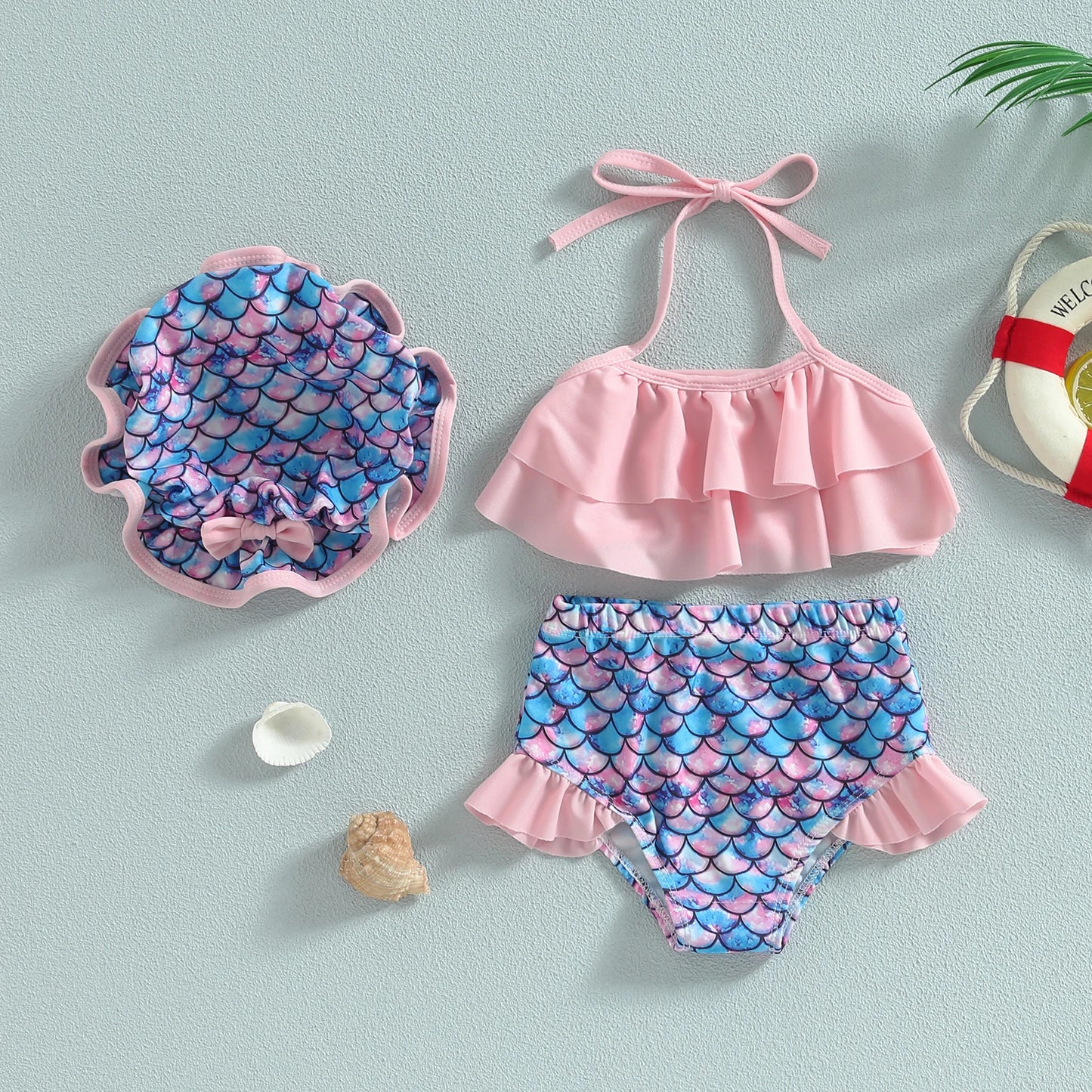 Sweet Baby 3-Piece Bikini | Girls Halter Swimsuit with Matching Hat
