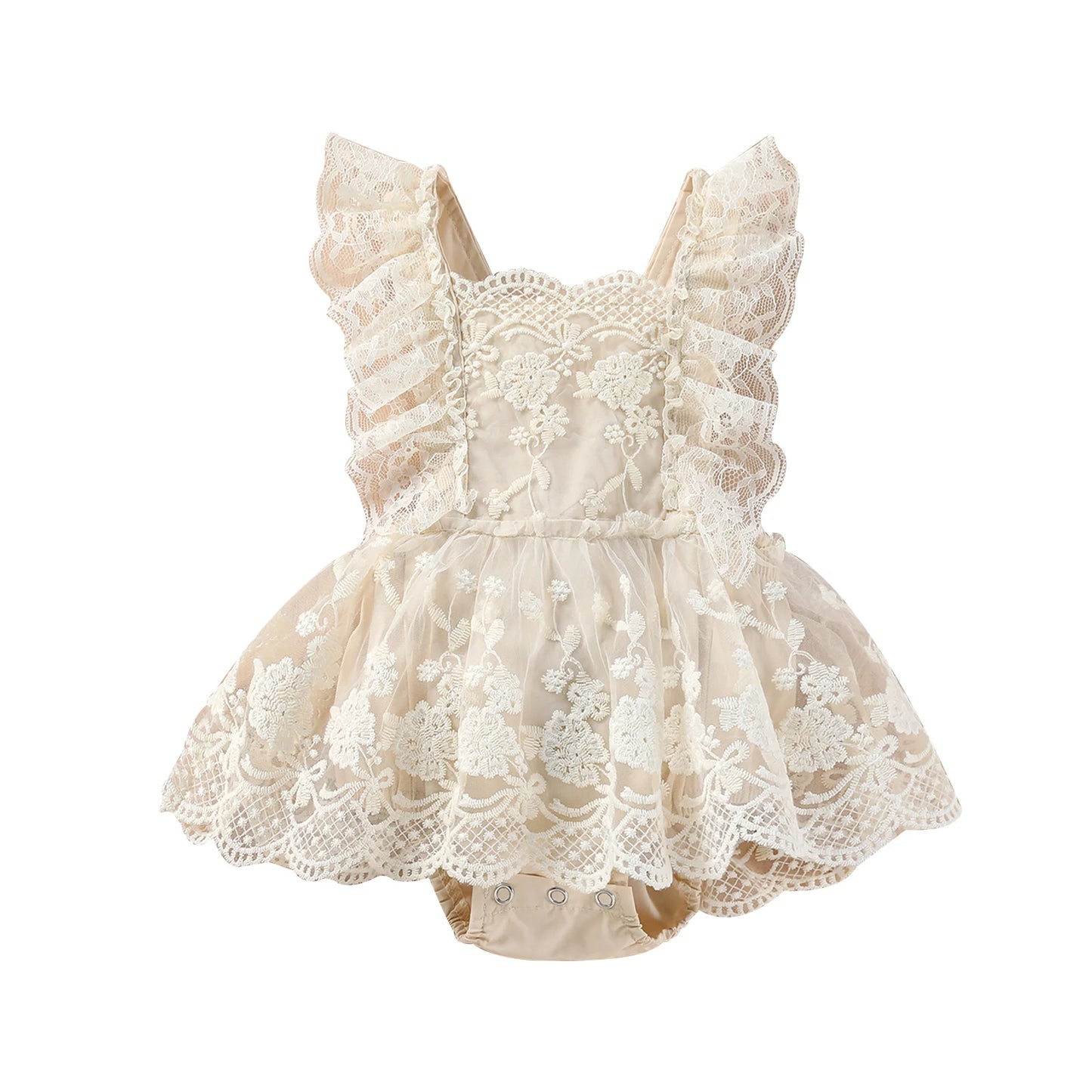 Baby Girl Princess Lace Romper with Layered Skirt & Snap Bottom