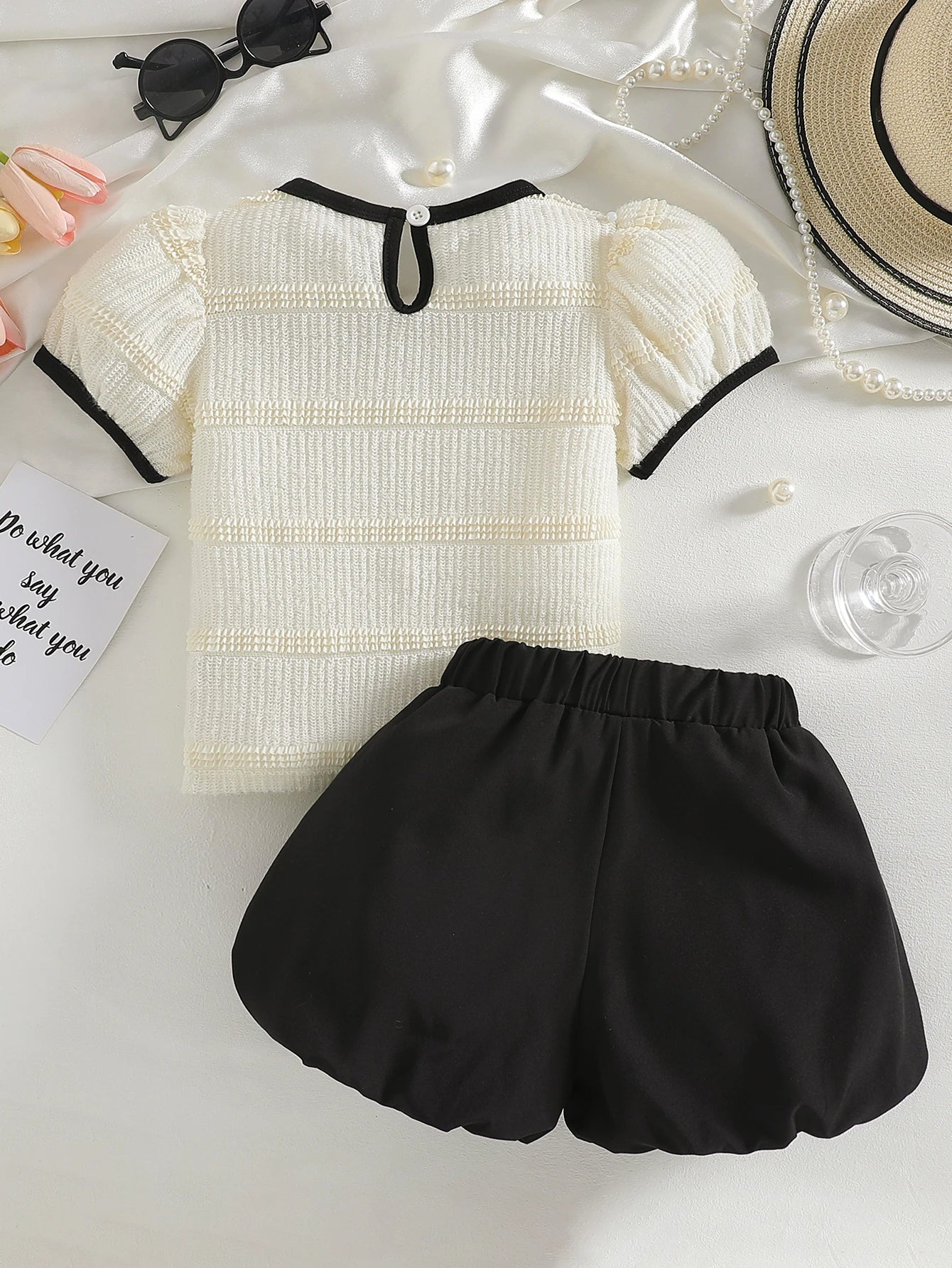 2PCS Puff Sleeve Bow Blouse & Shorts Set