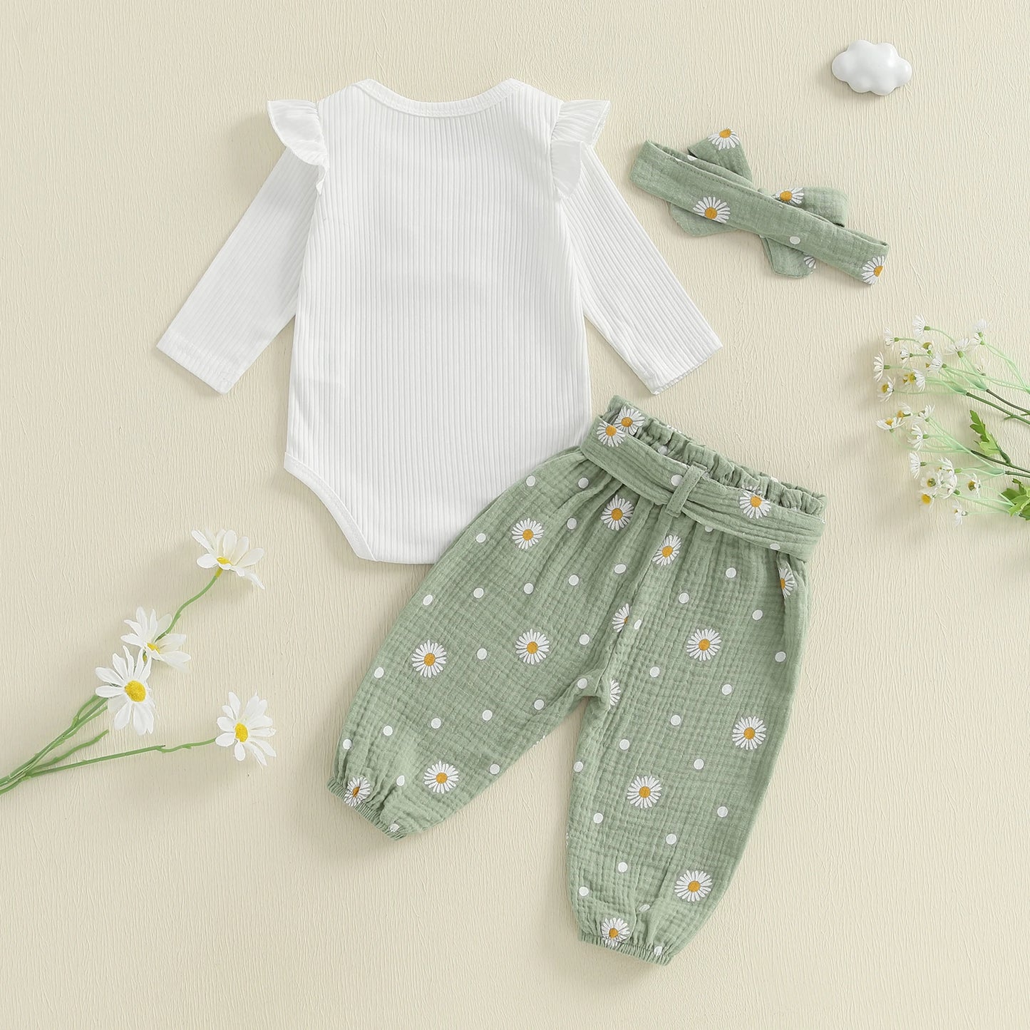 Ruffled Long Sleeve Romper + Daisy Print Pants + Bow Headband + Belt
